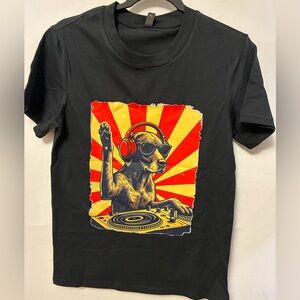 Black Tee with Retro DJ Dog Graphic Cotton